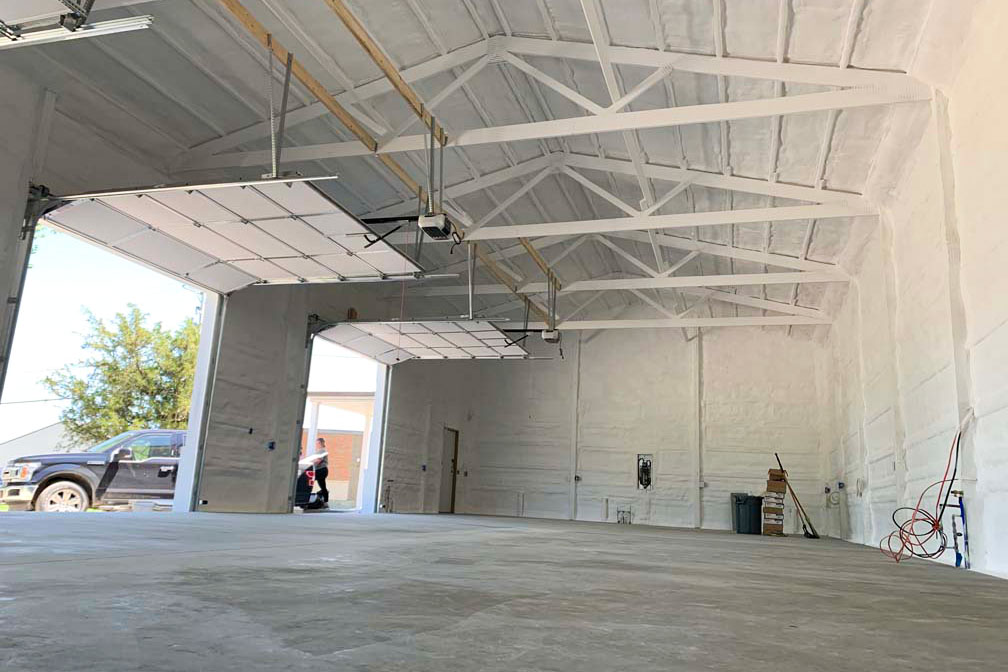 Completed image of spray foam insulation installed by ArmorGuard inside of a pole barn garage.