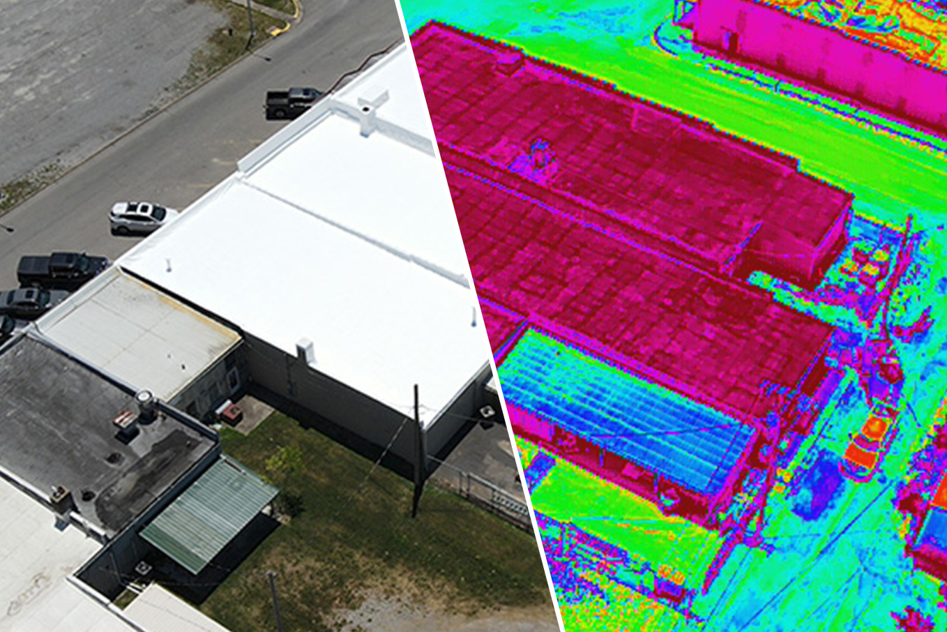 Split image thermal view of how well the cool roofing systems by ArmorGuard perform by reflecting heat.